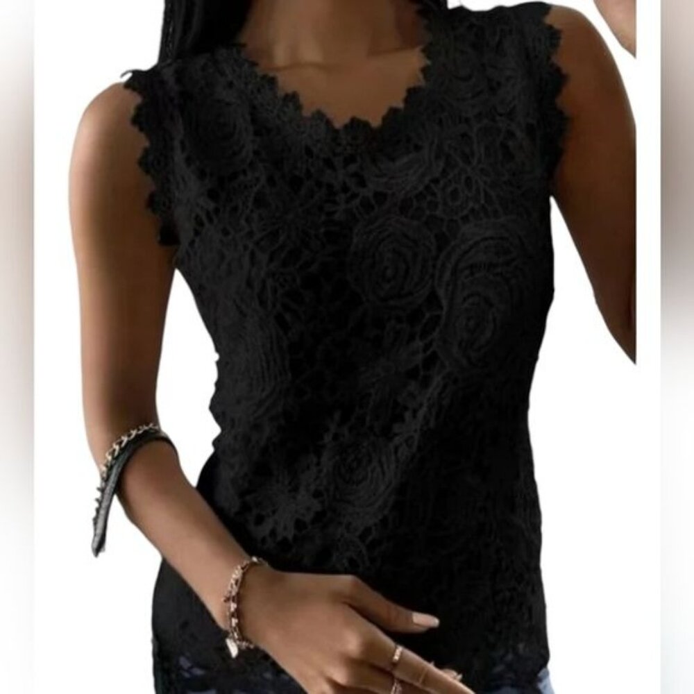 Face &Face embroidery Lace Tank Top Elegant Crew Neck